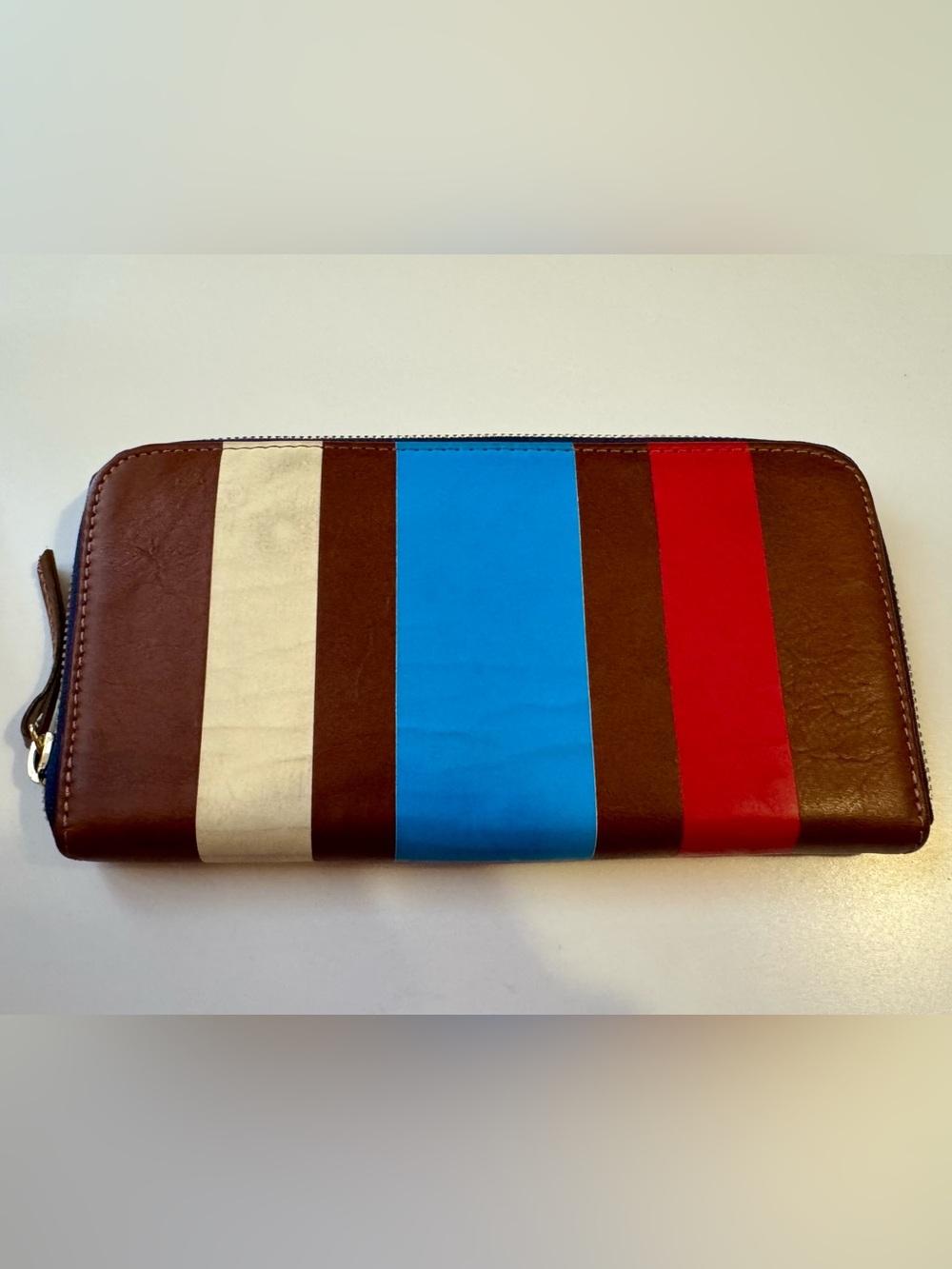 Clare V Long Zip Wallet Leather Tan Royce Blue Cream Red Stripes Retired NWT